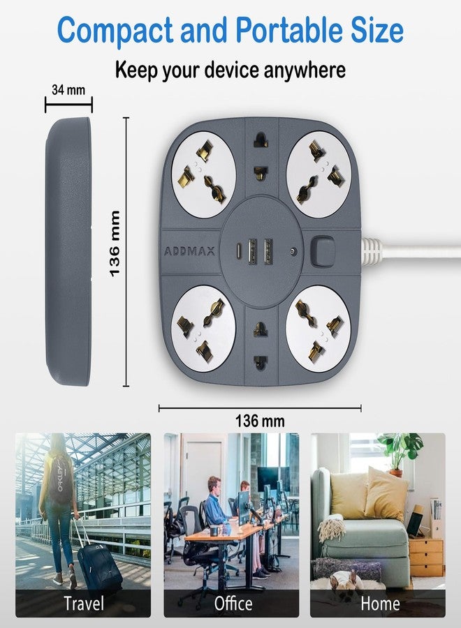 ADDMAX لوحة تمديد ADDMAX مع منفذ USB | 6 منافذ طاقة، منفذي USB + منفذ Type-C واحد | سلك متين بطول 1.8 متر | سلك تمديد متعدد المقابس 10 أمبير 220 فولت | شريط طاقة مقاوم للحريق للمنزل والمكتب والكمبيوتر المحمول - رمادي - Image 5